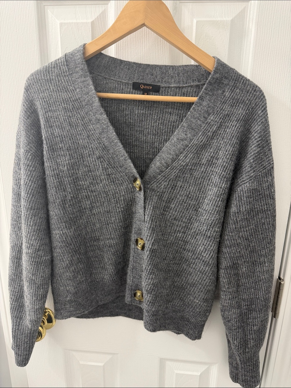 Quince Gray Ribbed V-Neck Alpaca Blend Button Cardigan